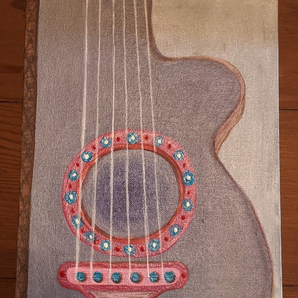 ORIGINAL Acrylic Painting 10" x 12" GUITAR on Canvas SIGNED tlp Gray Red Pink - Picture 1 of 8